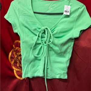 American Eagle Outfitters Mint Ribbed Tie-Front Tee